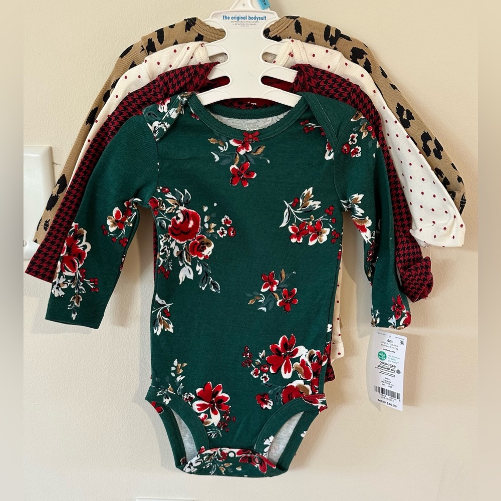 Carters Baby Girl Green Floral 4 Pack Long Sleeve Onesies NWT Various Si…